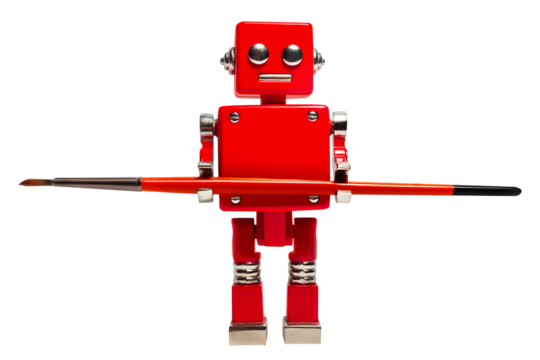 Isolated photo of red toy robot holding paint brush on white background.