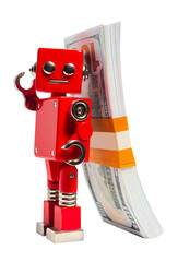 Isolated photo of red toy robot leaning on money pack on white background.