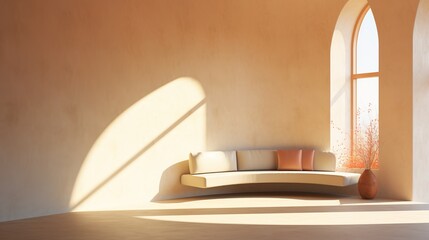 Minimalist modern living room interior with curved sofa and arched window against beige wall