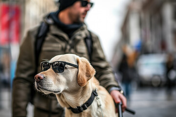 Man Walking Dog With Leash and Sunglasses, A Fun and Stylish Pet Outing