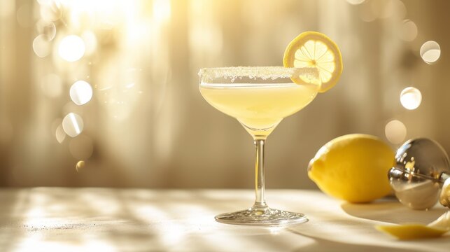 Lemon cocktail, copy space. Generative AI