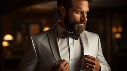 Close up of Elegant Bearded Man in Brown Suit with Satin Bow Tie and Pocket Square, Luxury Fashion and Grooming Concept