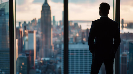 Fototapeta na wymiar Businessman standing in office room on the Skyscraper in New York