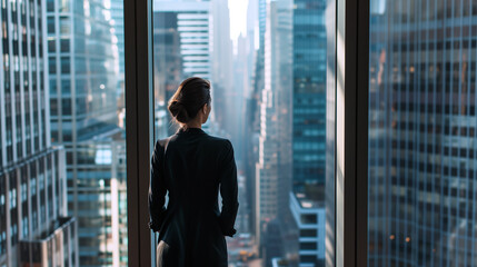 Fototapeta na wymiar Businesswoman standing in office room on the Skyscraper in New York