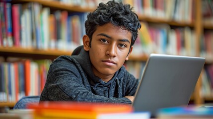 Young indian man working on laptop at co working space, freelancer or student looking at camera