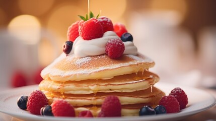 Closeup of a stack of fluffy pancakes, topped with a dollop of whipped cream and juicy berries.