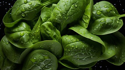 Fresh green spinach leaves with water droplets, macro shot highlighting texture, canon 5d mark iii - obrazy, fototapety, plakaty
