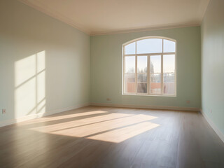 Spacious, Sunlit Room with Large Window and Polished Wooden Floor