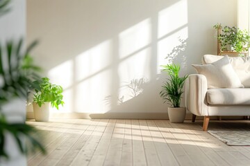 Sala de estar inspirado na natureza, com sofá clean e parede verde com muitas plantas. Criado por IA