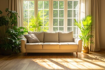 Sala de estar inspirado na natureza, com sofá clean, muita entrada de luz e plantas para completar a decoração.