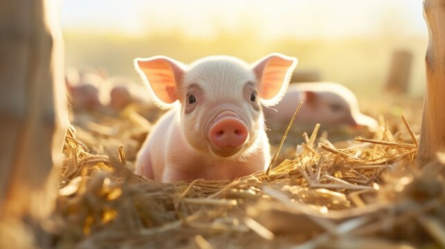Closeup of a piglets snout, playfully rooting in fresh straw bedding, a sign of proper housing and enrichment for farm animals.