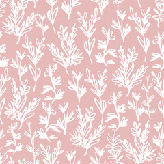Tender black and pink seamless pattern with hand drawn ink meadow herbs and leaves. Cute abstract botanical texture for textile, wrapping paper, cover, surface, wallpaper