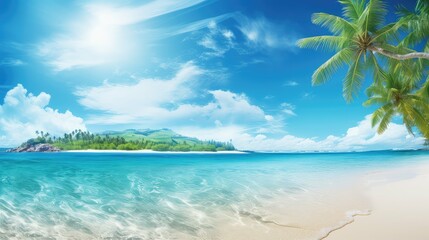 Fototapeta na wymiar colorful design summer background illustration tropical beach, palm sun, sunshine waves colorful design summer background