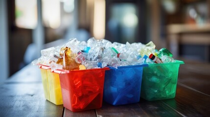 Closeup of a bin filled with assorted recyclable materials like paper, plastic, and aluminum.
