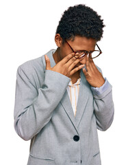 Young african american woman wearing business clothes rubbing eyes for fatigue and headache, sleepy...