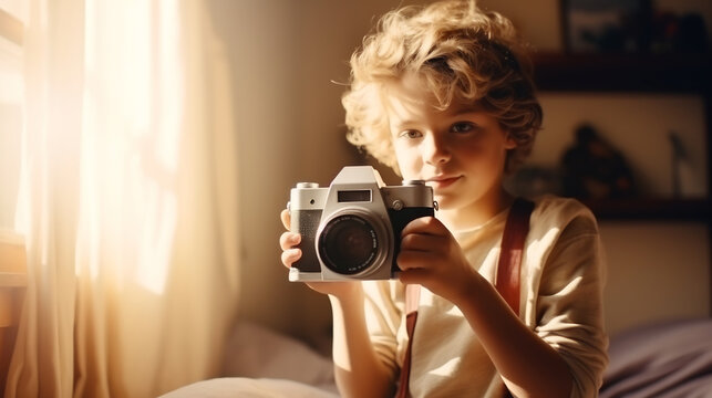 Curious Young Child Exploring Photography with Vintage Camera Indoors, Early Learning and Creativity Concept