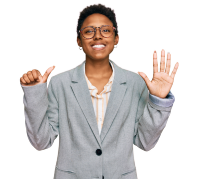 Young african american woman wearing business clothes showing and pointing up with fingers number six while smiling confident and happy.