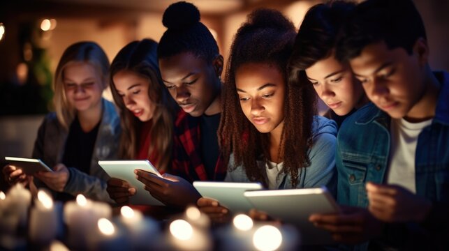 Closeup of a diverse group of teenagers reading from their tablets, fully engaged in their digital literacy lesson.