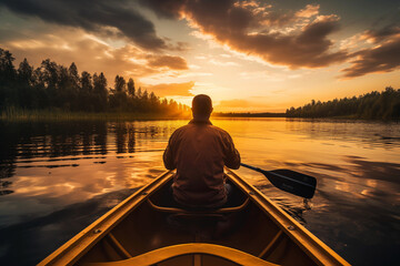 Rear view of man in canoe admiring golden sunset from  lake. - obrazy, fototapety, plakaty