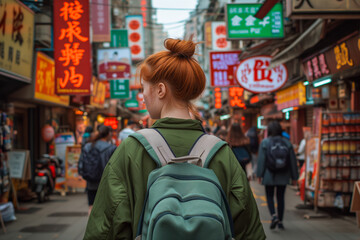 Fototapeta na wymiar Back view of a young woman walking around a bustling chinese street, backpack, red hair