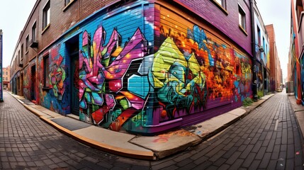 Fototapeta premium cityscape perspective urban background illustration skyline architecture, street graffiti, alleyway pavement cityscape perspective urban background
