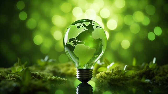 Green energy concept  world map on light bulb symbolizing renewable energy with copy space