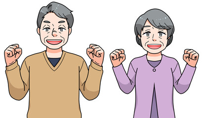 ガッツポーズのシニアの男女