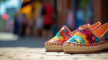 Closeup of a colorful pair of patterned espadrilles, perfectly capturing the vibrant energy of a busy street corner.