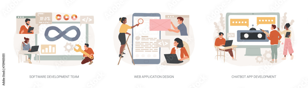 Poster professional programming isolated concept vector illustration set. software development team, web ap