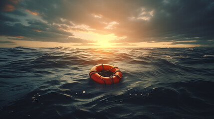 Lifebuoy Floating on Open Sea at Sunset. Rescue, Safety and Hope Concept