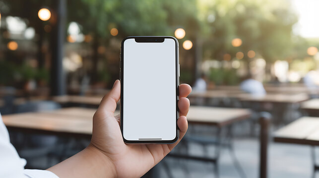 Mockup image of man's hand holding smartphone with white screen at outdoor seating space