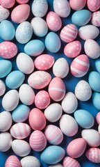 Fototapeta na wymiar Pattern of pink, white, blue Easter eggs on a blue background