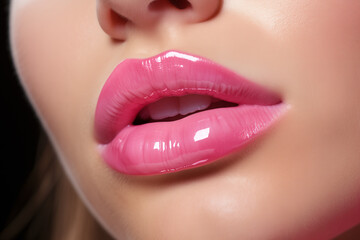 Naklejka premium Bubblegum Pink Lips, Lips Painted in Blush Pink, Eagerly Awaiting the Sweetness of a Beautiful Kiss