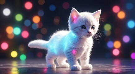 cute kitten phantasmagoric figure Mschiffer's art, neon lights RBG colorful backlit, bokeh