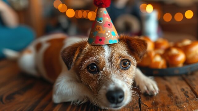 Portrait of a dog in a festive hat for his birthday. The owners wish their pet a happy birthday