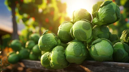 Muurstickers Vibrant brussels sprouts harvest on a sunlit open plantation during a delightful summer day. © Ilja