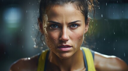 Closeup of a womans sweaty face after a challenging workout, with determination in her eyes. - obrazy, fototapety, plakaty