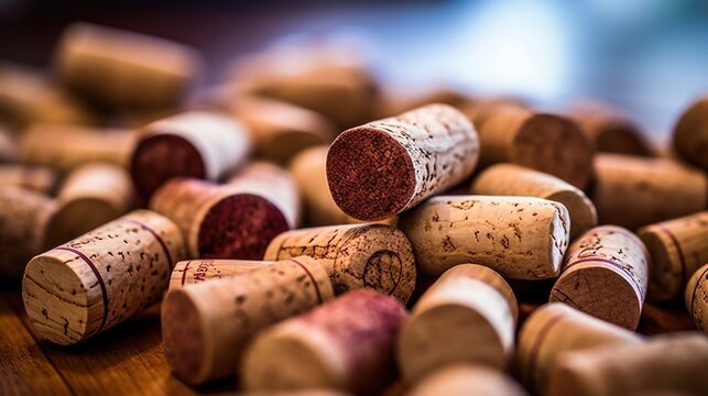 Closeup of a pile of used wine corks that will soon become a decorative cork board.