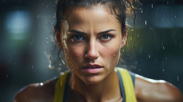 Closeup of a womans sweaty face after a challenging workout, with determination in her eyes.