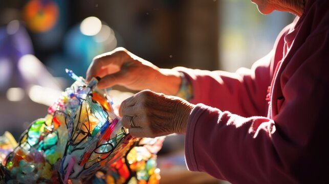Closeup of a volunteer carefully adding the finishing touches to a recycled materials sculpture, a community effort to raise environmental awareness.