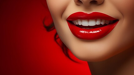 Fototapeta premium Close up of a woman with perfect red lips and a radiant smile, showcasing her clear white teeth.