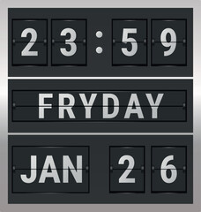Split-flap clock and calendar. Vintage style. Vector illustration