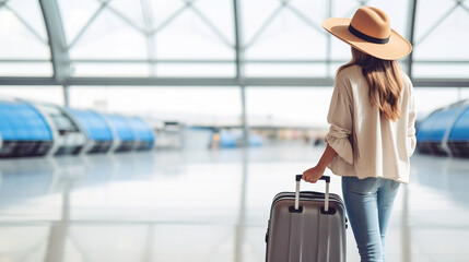 Elegant Woman Traveler in stylish fashion and Hat with Suitcase Walking at Airport Terminal Looking at Airplanes - obrazy, fototapety, plakaty