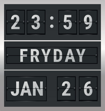 Split-flap clock and calendar. Vintage style. Vector illustration