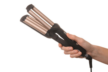 Woman holding modern triple curling iron on white background, closeup