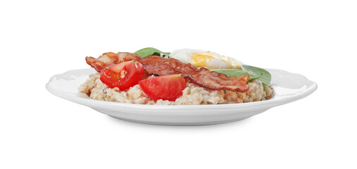 Delicious boiled oatmeal with poached egg, bacon and tomato isolated on white