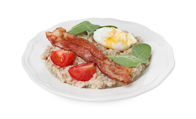 Delicious boiled oatmeal with poached egg, bacon and tomato isolated on white