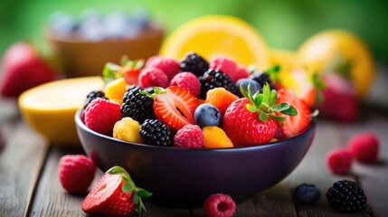 An overhead shot of a bowl filled with various colorful fruits, highlighting their freshness and health benefits.