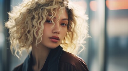 Fototapeta premium Photorealistic Adult Chinese Woman with Blond Curly Hair Futuristic Illustration. Portrait of a person in cyberpunk style. Cyberspace Ai Generated Horizontal Illustration.