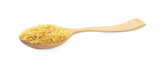 Spoon with raw bulgur isolated on white